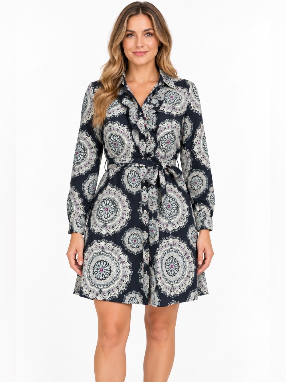 Tommy Hilfiger Women’s XL Shirt Dress Navy Paisley Medallion Ruffle Belted